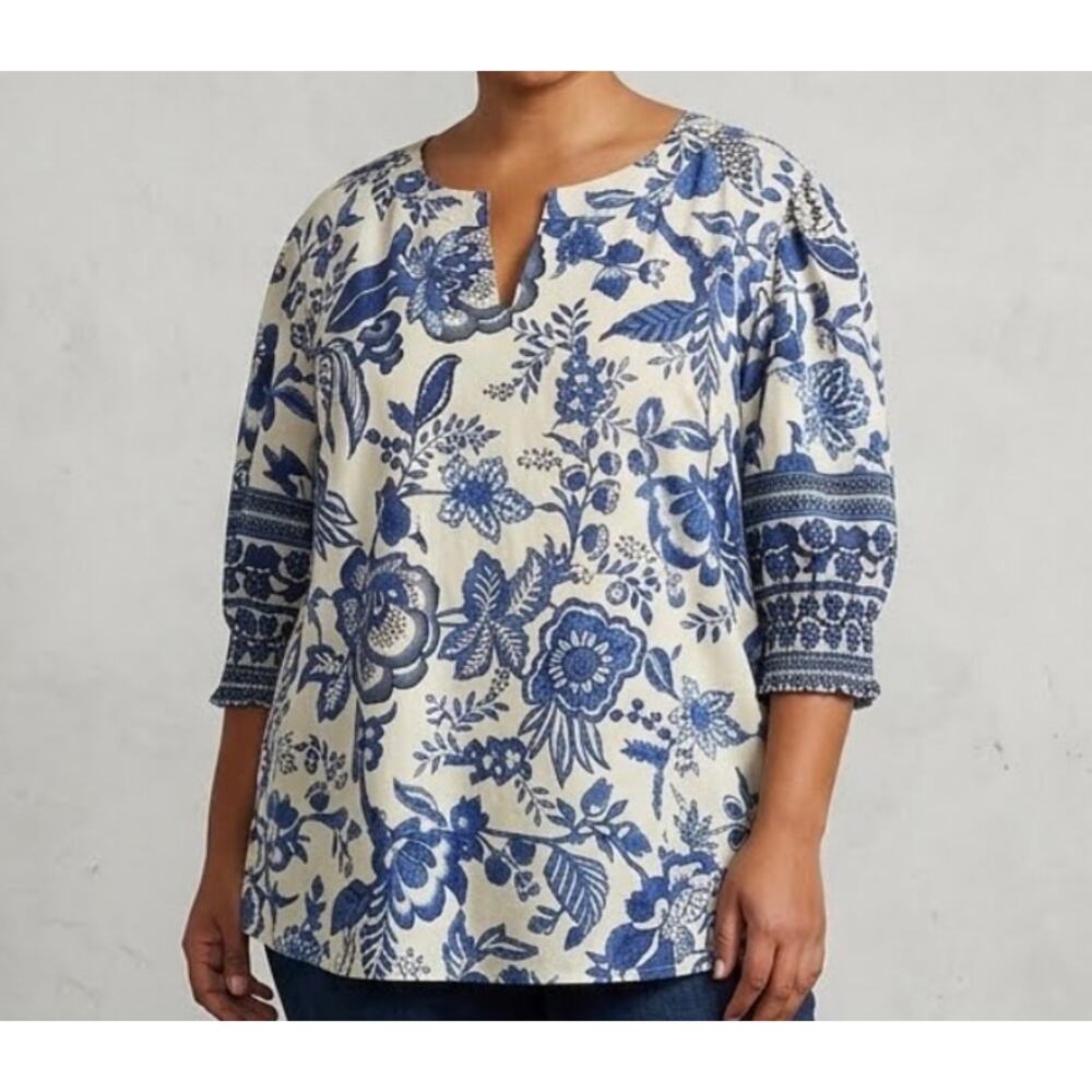 Chinoiserie Floral Indigo Navy 3XL Puff Elastic Smocked Short Sleeve Blouse